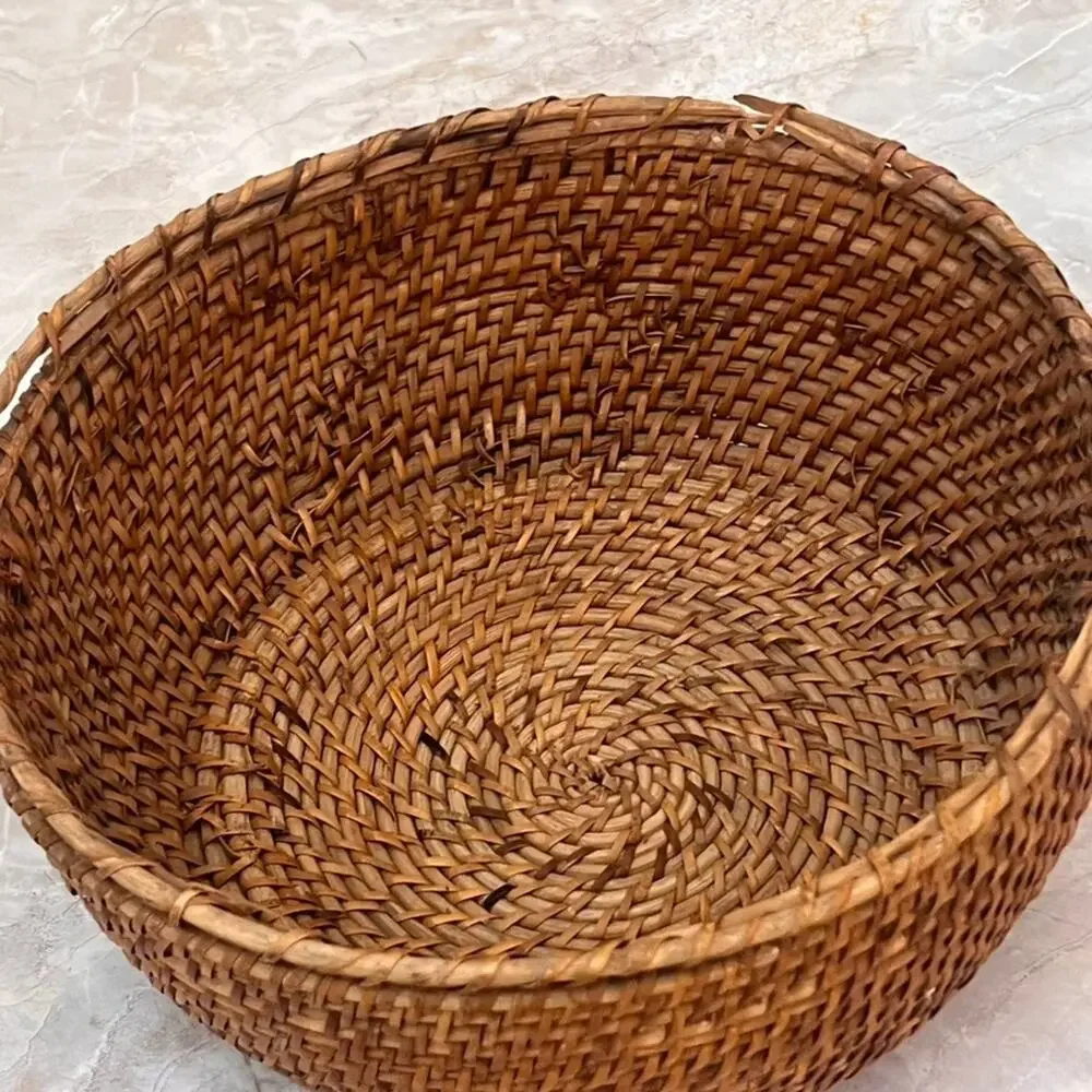 Natural Rattan Round Fruit Basket Weaved Aged Patina 10.5